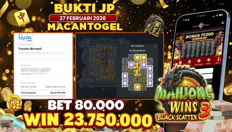 MACANTOGEL JACKPOT PERMAINAN SLOT PRAGMATIC PLAY MAHJONG WINS 3 BLACK SCATTER Rp.23.750.000,- LUNAS