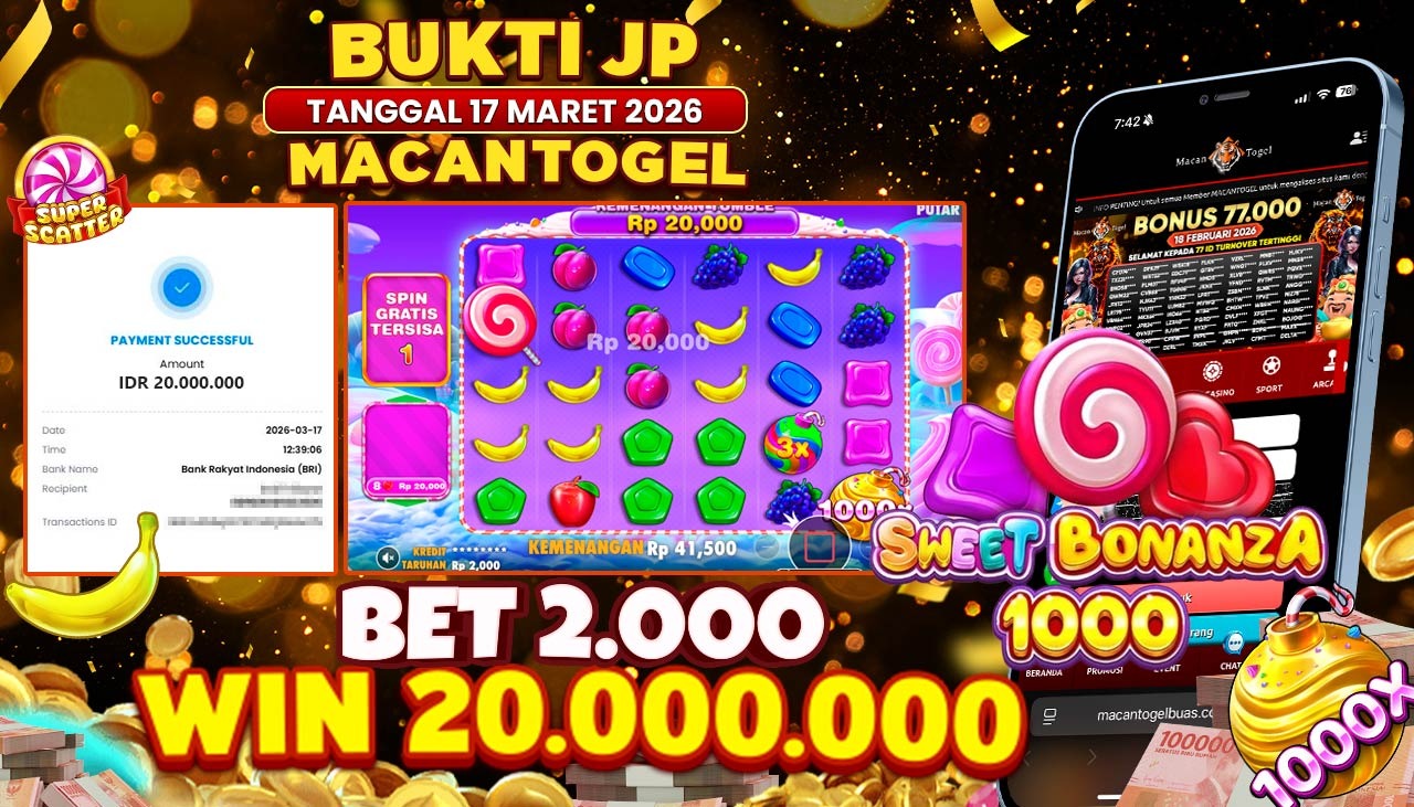 MACANTOGEL JACKPOT PERMAINAN SLOT PRAGMATIC PLAY SWEET BONANZA 1000 Rp.20.000.000,- LUNAS