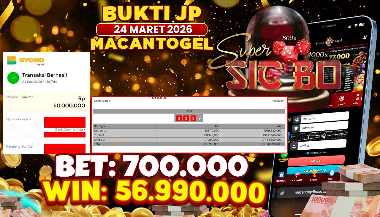 MACANTOGEL JACKPOT PERMAINAN CASINO EVOLUTION SUPER SIC BO Rp.56.990.000,- LUNAS