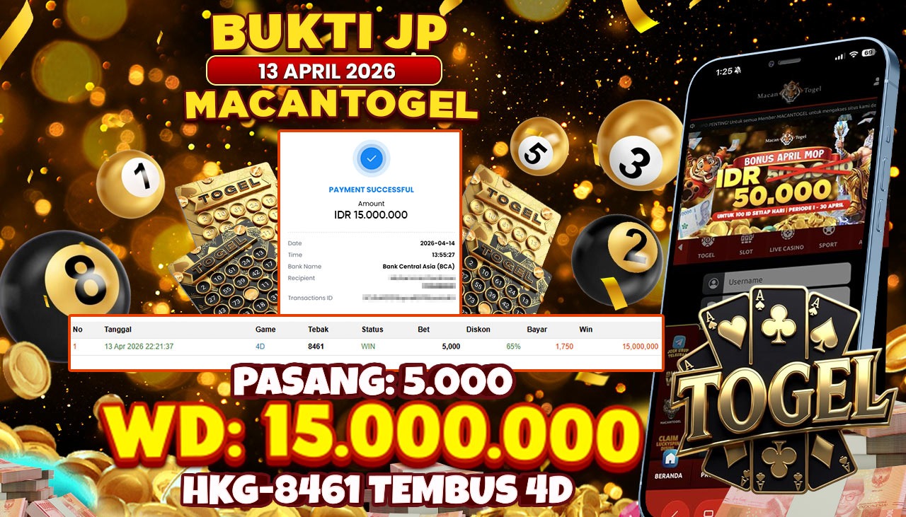 MACANTOGEL JACKPOT PERMAINAN TOGEL 4D HKG Rp.15.000.000,- LUNAS